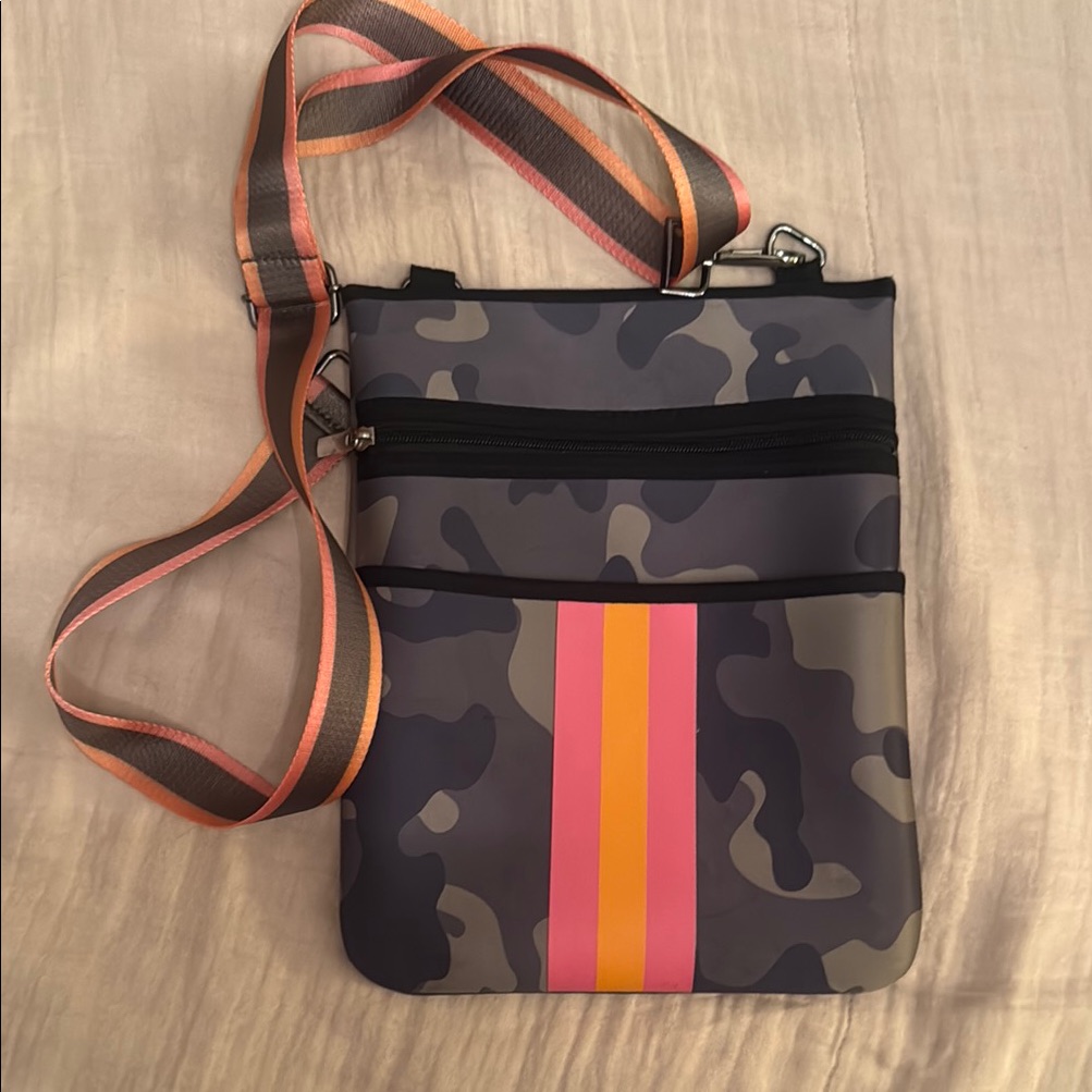 Camouflage Crossbody Bag With Pink And Orange Stripes